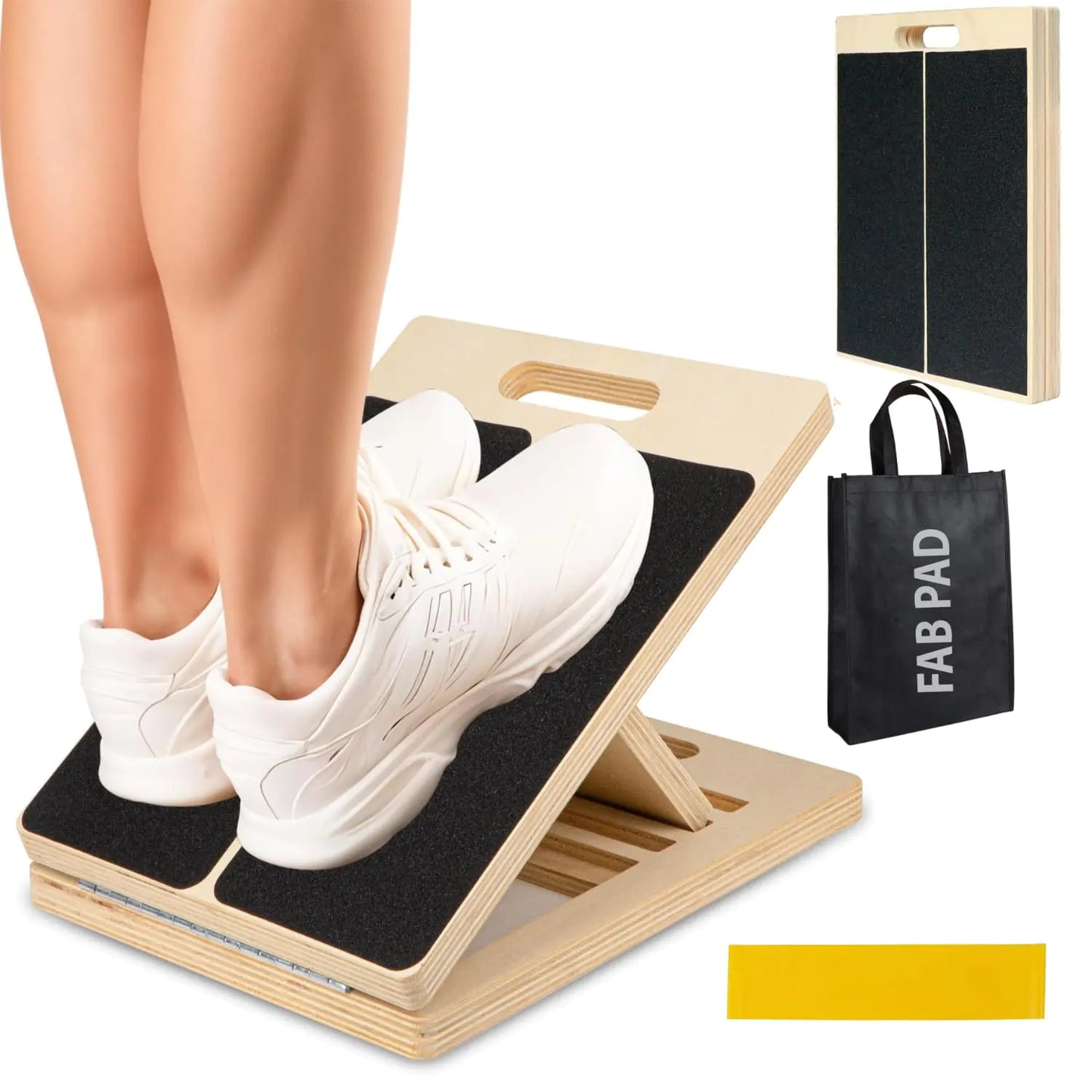 Fab Pad Wooden Slant Board for Calf Stretching - Adjustable Incline Exercise Stretcher for Ankle Heel Knees & Leg Mobility - Portable Wedge Equipment for Squats & Physical Therapy